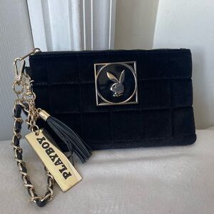 PLAYBOY Black Quilted Wristlet with Gold Accents